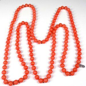 Kissaka 58" Long Necklace Orange Glass Ball Beads Hand Knotted Faux Coral Signed